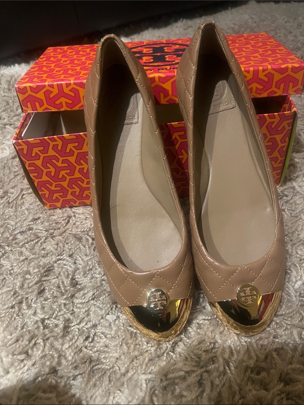 Tory Burch Tan Quilted Leather Ballet Flats with Gold Cap Toe